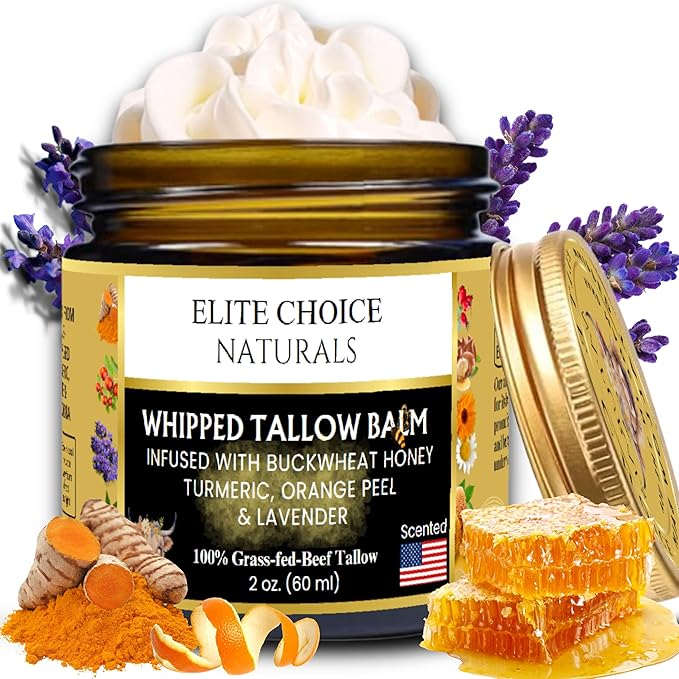 Whipped Tallow Balm Infused with Raw Buckwheat Honey, Lavender & Orange – Organic Anti-Inflammatory Cream for Face, Scalp & Body – Heals Sensitive, Acne-Prone, Eczema, Rosacea & Psoriasis Skin (2 oz)