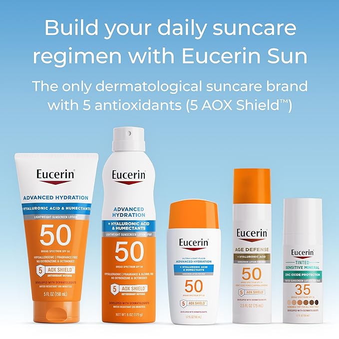 Eucerin Sun Tinted Age Defense Face Sunscreen Lotion SPF 50 with Hyaluronic Acid, Tinted Sunscreen for Face, Blendable Tint for All Skin Tones, Non Comedogenic and Hypoallergenic, 2.5 Fl Oz Bottle