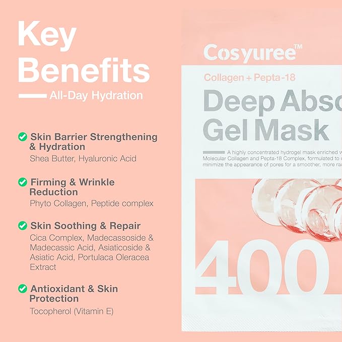 Collagen Deep Absorbing Hydrogel Mask (50g x 5ea) Korean Collagen Face Mask for Deep Hydration, Skin Firming, & Rejuvenation, Overnight Hydrating Gel with Pepta-18