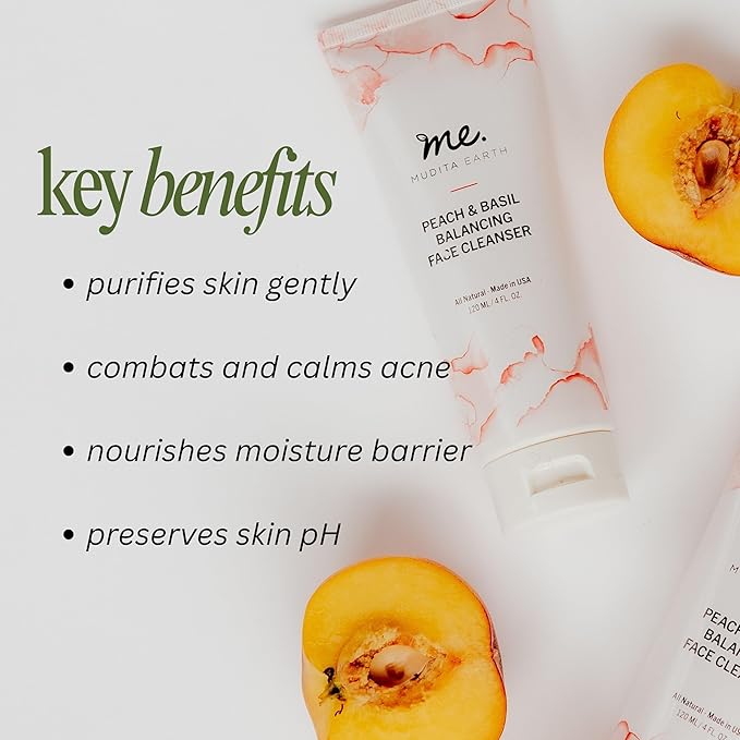 Mudita Earth Vitamin C Cleanser – 4 fl oz | Peach & Basil Balancing Face Wash | Gentle Sulfate-Free Cleanser for Sensitive, Oily & Acne-Prone Skin, Lactic Acid Polish