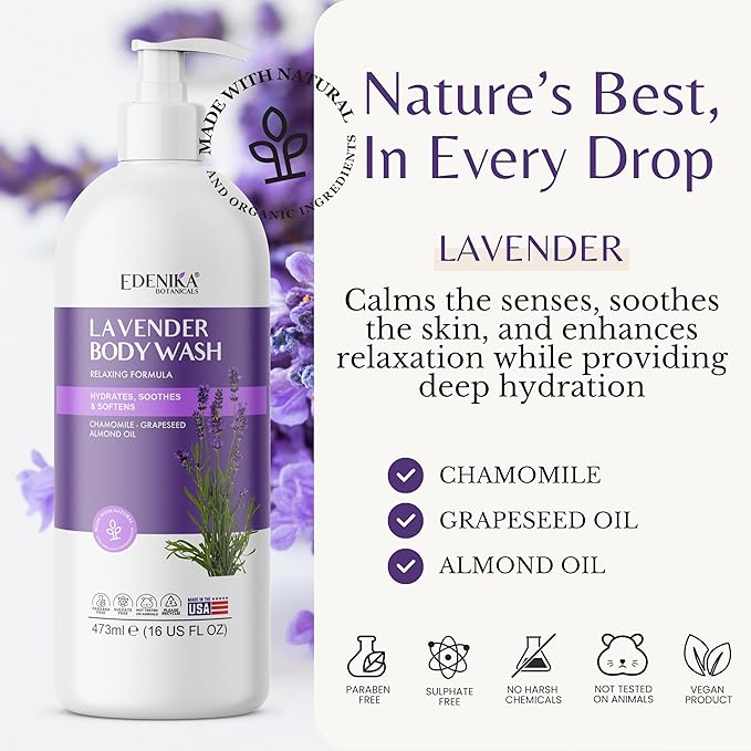 Edenika Lavender Body Wash with Vitamin E, Cleanses, Relaxes & Moisturizes, Stress Relief Shower Gel for Dry and Sensitive Skin, Women & Men, Organic & Natural, 16 fl oz, 2-Pack