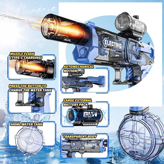 2 Pack Electric Water Guns with Muzzle Flash for Adults & Kids, Automatic Water Gun with 28-32 FT Long Range, Powered Water Gun Summer Outdoor Pool Beach Toy (Blue+Black)