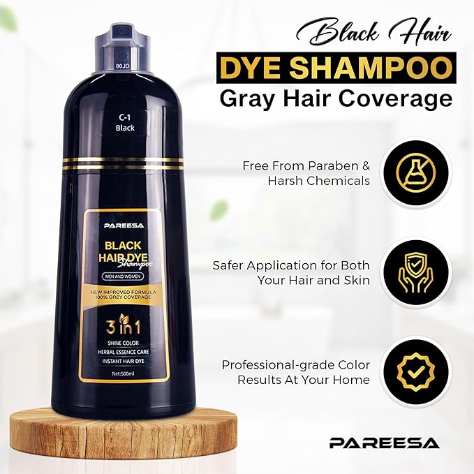 Hair Dye Shampoo 3 in 1 for Gray Hair Shampoo Para Canas Mujer Hair Color Shampoo for Women & Men - Herbal Ingredients Natural Plant Hair Dye 500ML (Black)