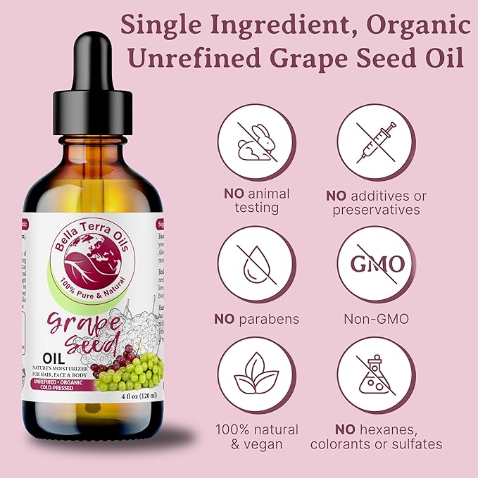 Bella Terra Oils - Organic Grape Seed Oil 4oz - Crafted from Pristine Organic Grapes, Packed with Procyanidins & Vitamin F, Unveiling a Radiant Skin Legacy