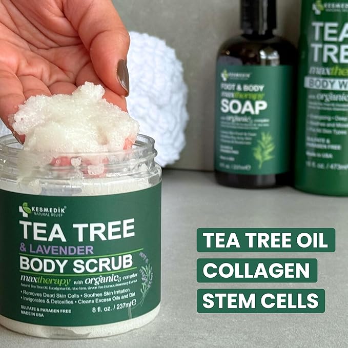 Tea Tree Oil Body & Foot Scrub, Himalayan Salt Exfoliating Scrub, with Stem Cells, Collagen & Shea Butter, Lavender Scent, Moisturizes, Removes Dead Skin, Rough Patches & Impurities.