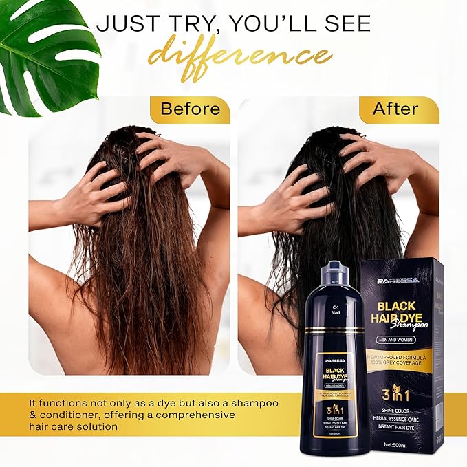 Hair Dye Shampoo 3 in 1 for Gray Hair Shampoo Para Canas Mujer Hair Color Shampoo for Women & Men - Herbal Ingredients Natural Plant Hair Dye 500ML (Black)