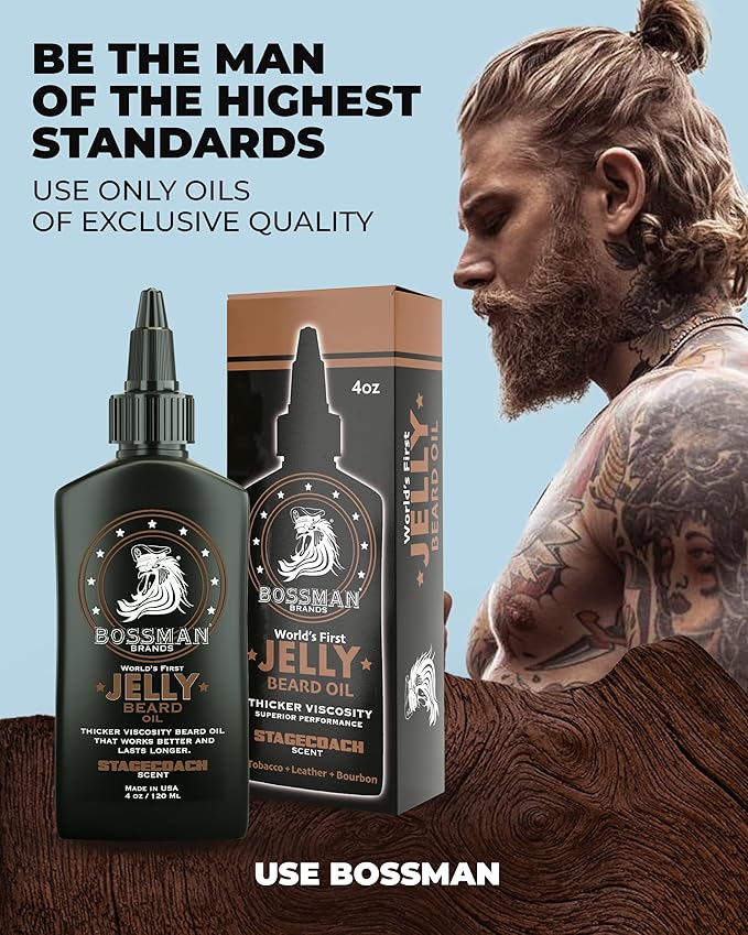 Bossman Jelly Beard Oil for Men & Beard Balm for Men Combo - Softens, Tames Moisturizes & Conditions - Stagecoach Scent - Natural Ingredients & Made in USA