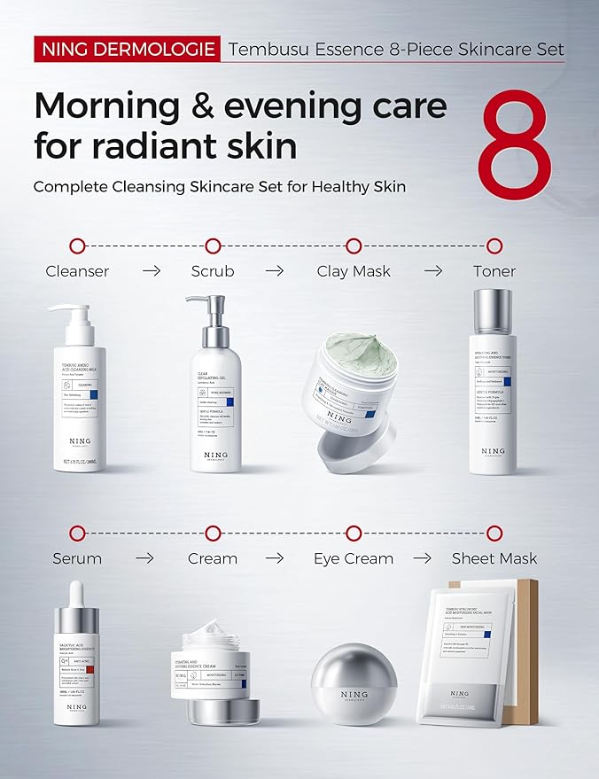 Skin Care Set – Tembusu Essence 8-Step Routine with Amino Cleanser Clay Mask Toner Salicylic Acid Serum Cream Eye Treatment – Hydrating Moisturizing Anti-Aging All Skin Types