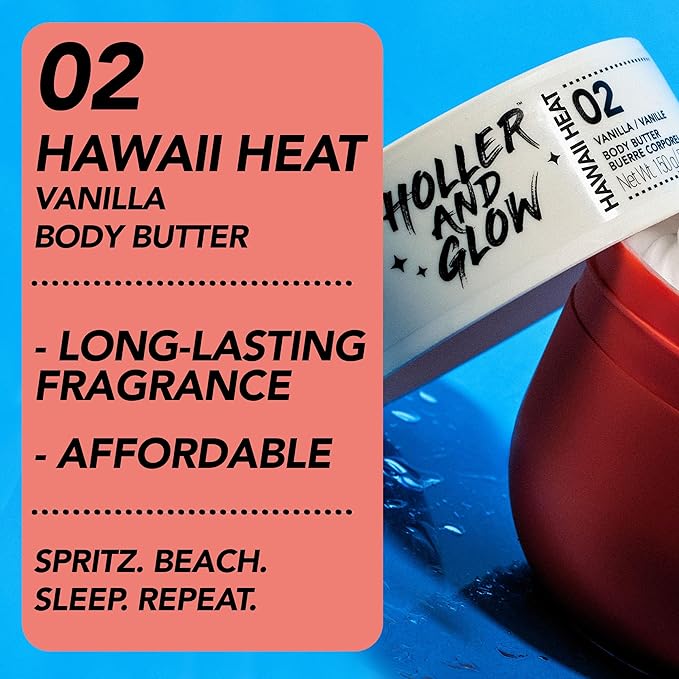 HOLLER AND GLOW Hawaii Heat Vanilla Body Butter, Body Butter For Women, Smells Good, Body Lotion For Extremely Dry Skin, Moisturizing, Nourishing, Shea Butter, Peony, Amber Scented, 5.29 Oz