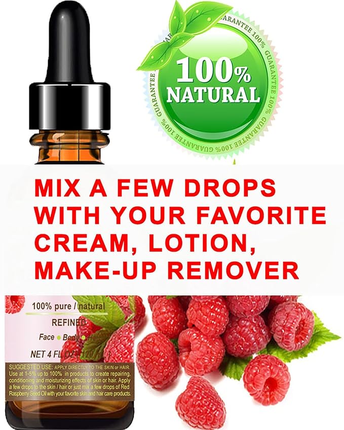 Botanical Beauty Red Raspberry Seed Oil 100% Pure Natural Undiluted Refined Cold Pressed Carrier Oil for Face, Skin, Hair, Lips, Nails. Rich in Vitamin C, Vitamin E (4 Fl Oz)