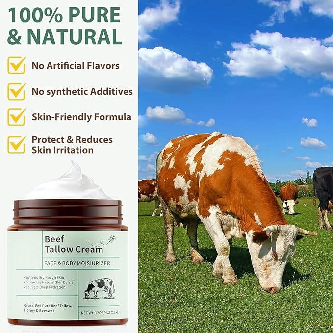 Beef Tallow for Skin – Whipped Tallow and Honey Balm with Grass-Fed Beef Tallow – Organic Daily Tallow Face Moisturizer & Body Balm – Deep Nourishment for Sensitive Skin - 4.2 Oz