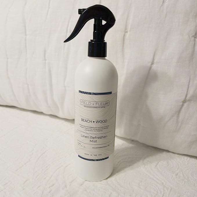 Field + Fleur by Hillhouse Naturals Beachwood Linen Refresher Mist 15.5oz - Fresh Home Fragrance Spray for Bedding, Sofas & Clothes - Peach, Orange Blossom, Moss & Sandalwood - Made in the USA