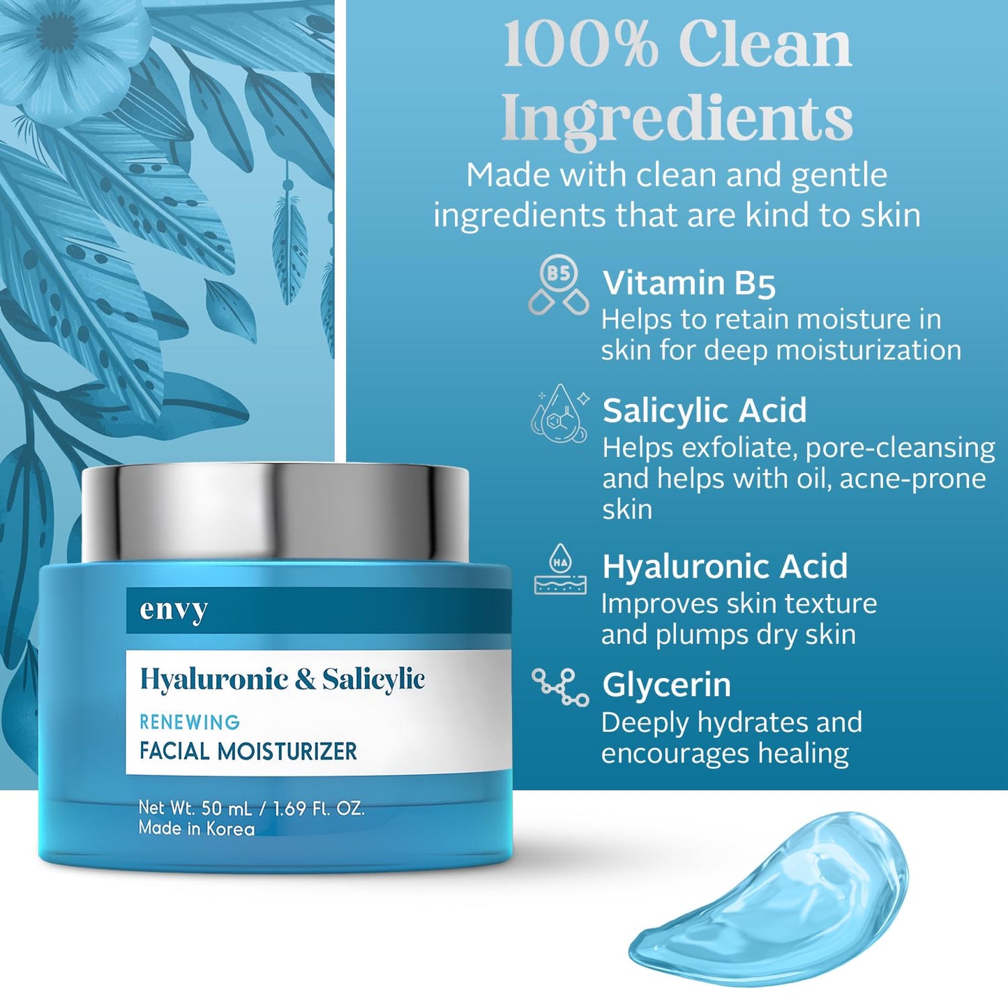 Hydrating Face Cream with Hyaluronic & Salicylic Acid – Lightweight Daily Moisturizer for Blemish-Prone Skin, Fine Lines & Dryness – Gentle Formula, 1.69 oz