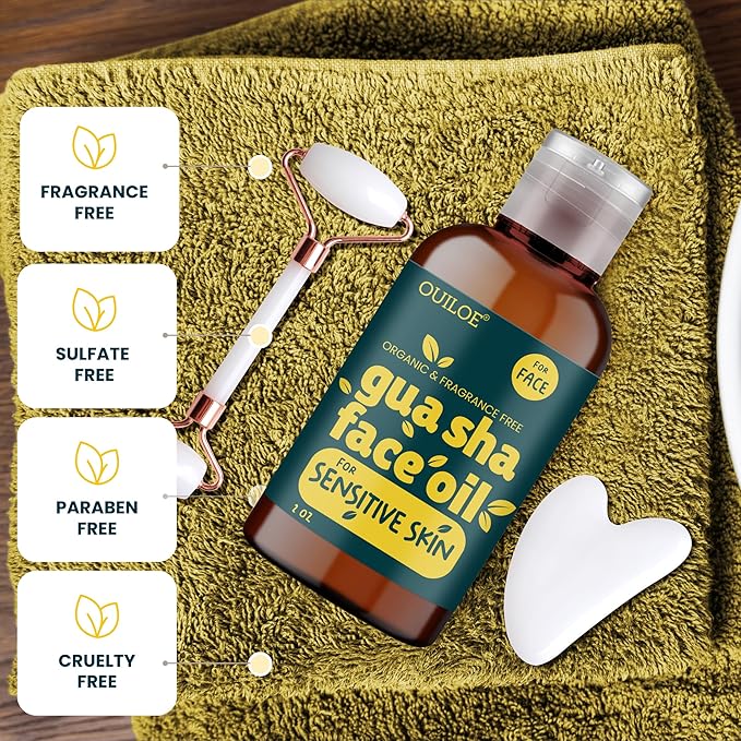 Guasha Oil for Sensitive Skin - Face Oil for Gua Sha Lymphatic Massage - Safe for Acne Prone Skin - Non Comedogenic, Fragrance Free, Organic, Natural & Non Greasy - Use with Gua Sha Facial Tools, 2oz
