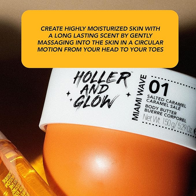 Holler and Glow Miami Wave Salted Caramel Body Butter, Body Butter For Women, Smells Good, Body Lotion For Extremely Dry Skin, Moisturizing, Nourishing, Shea Butter, Coconut, Vanilla Scented, 5.29 Oz