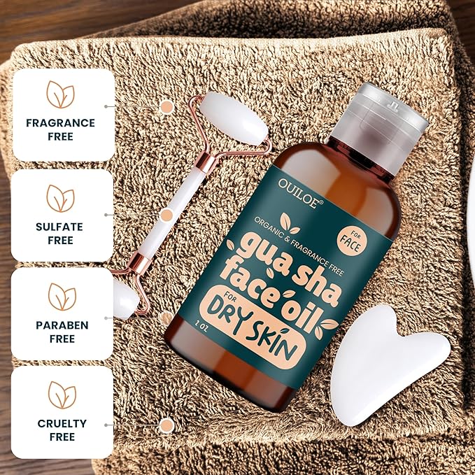 Gua Sha Oil for Dry Skin - Face Oil for Gua Sha Massage - Safe for Acne Prone Skin - Natural, Non Comedogenic, Fragrance Free, Organic, Lightweight & Non Greasy - Use with Gua Sha Facial Tools, 2oz