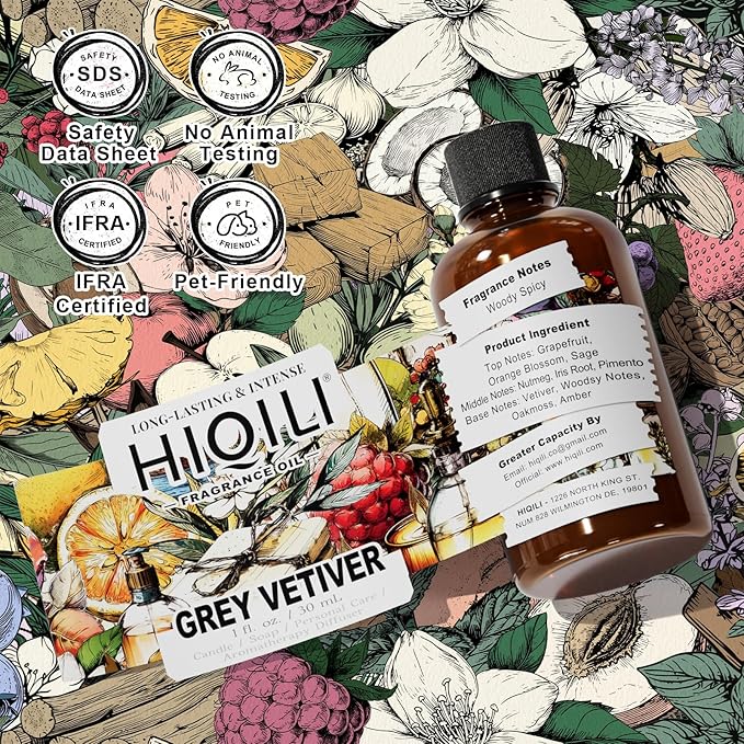 HIQILI Grey Vetiver Fragrance Oil - Perfect for DIY Candle, Soap & Air Freshening Spray Making, and Home Essential Oil Diffuser - 1 Fl Oz