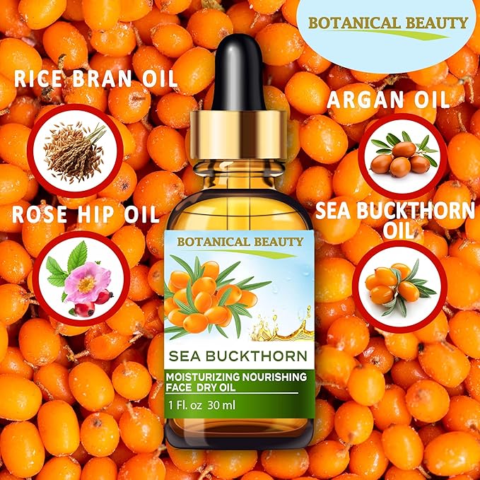 Botanical Beauty SEA BUCKTHORN MOISTURIZING NOURISHING FACE DRY OIL 100% Natural. 1 Fl oz 30 ml Rice Bran, Rosehip, Organic Argan, Sea Buckthorn Fruit Oil, Face Moisturizer, Rejuvenate, Anti-aging