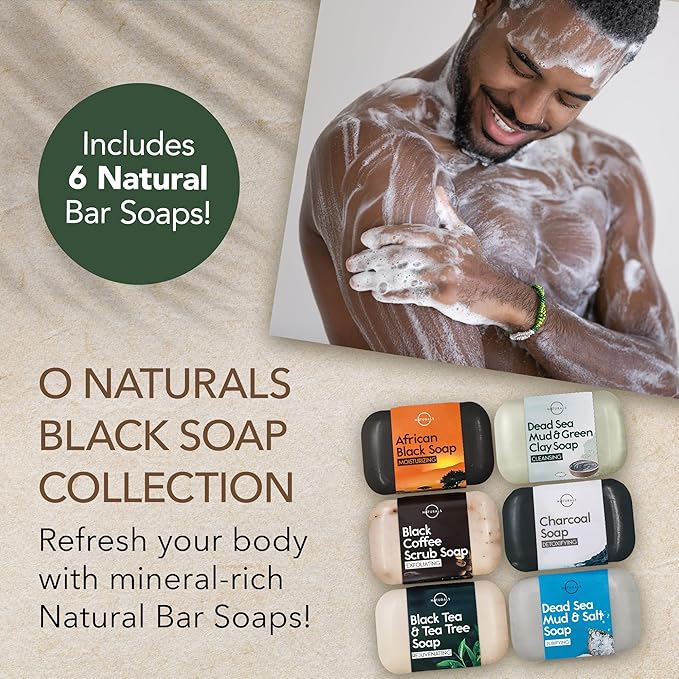 O NATURALS 100% Natural Bar Soap - Gift Set - Organic Ingredients & Essential Oils - Spa Gifts for Women & Men, Body Wash & Face Soap - 6PC Black Soap Collection