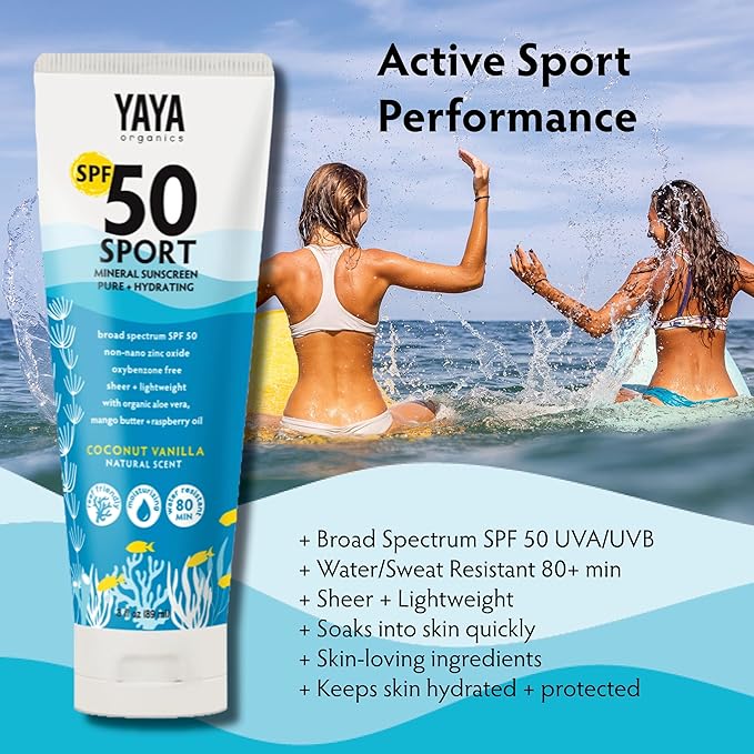 YAYA ORGANICS Sport Mineral Sunscreen Lotion, SPF 50, Reef-Friendly, Non-Nano Zinc Oxide, Water-Resistant, Pure + Hydrating, 3 oz