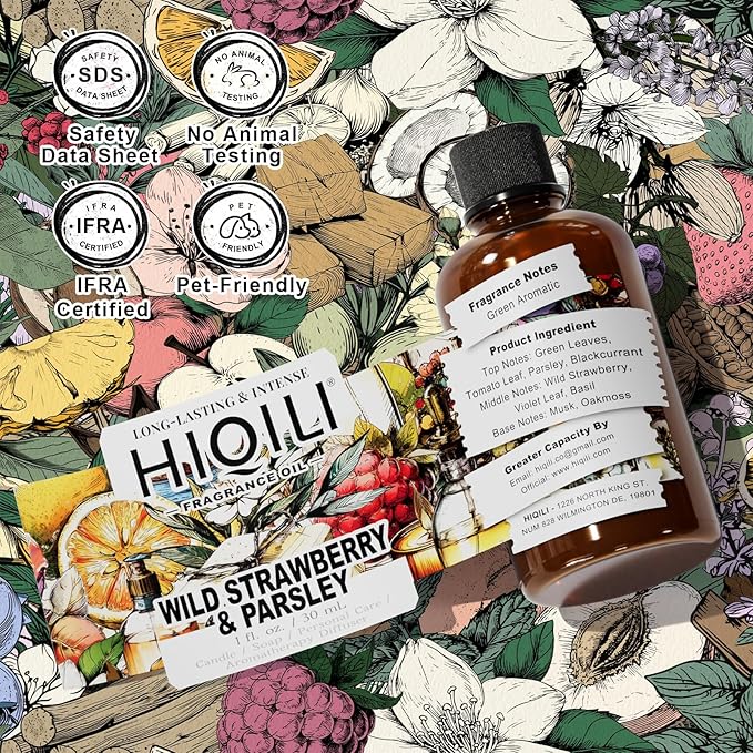 HIQILI Wild Strawberry & Parsley Fragrance Oil for Candle Making, Inspired by J-M.Lone Wild-Straw & Psley, Fresh Soap Scents, DIY Body Spray & Perfume for Women - 1 Fl Oz