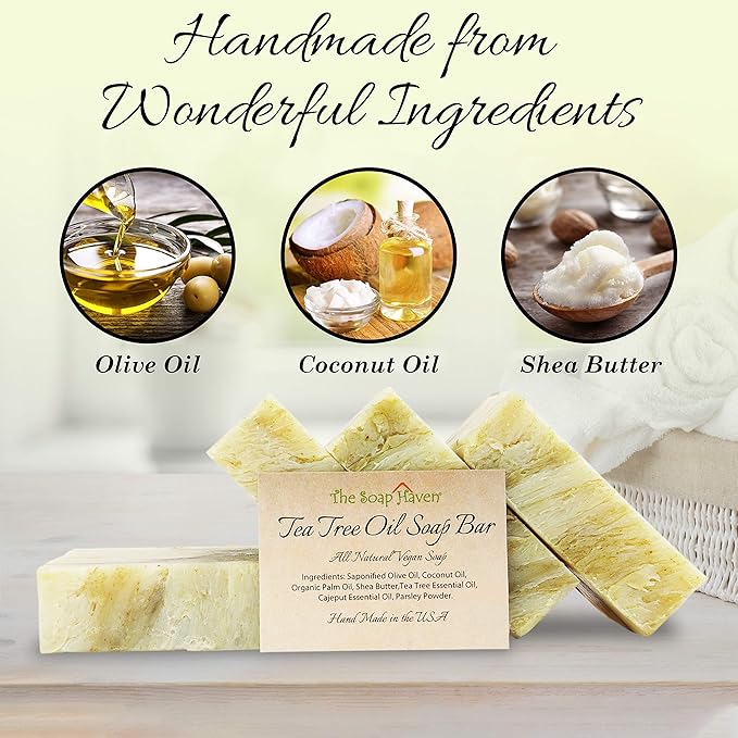TEA TREE SOAP BAR - 4 Natural Tea Tree Oil Soap Bars for Face, Hand, Foot, Body Wash - Fights Blemishes, Itch, Body Odor. Handmade in USA with Non-GMO Ingredients. 4 Large 4.5 oz Bars
