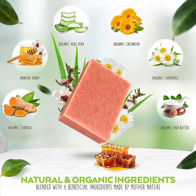 Turmeric and Manuka Honey Soap Bar for Body & Face, Natural Turmeric Soap with Organic Aloe Vera, Shea Butter & Calendula - Gentle For All Skin Types, Unscented 4.5 oz Bar.