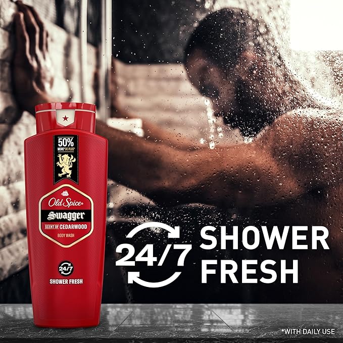 Old Spice Refreshing Body Wash for Men, 3X Defense, 24/7 Shower Fresh with Long Lasting Scent, Red Collection, Swagger with Cedarwood Scent, 24 oz (Pack of 4)