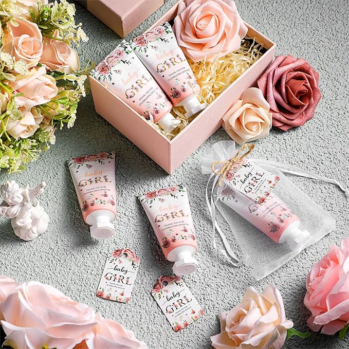 48 Sets Baby Shower Hand Cream Party Favors for Guests Gift Bulk Travel Size Hand Lotion Set for Baby Shower Wedding Christmas(Baby Girl)