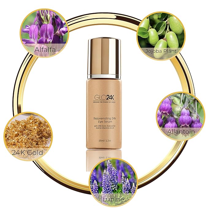 GLO24K UNLEASH THE POWER OF GOLD Complete Eye Care Set with our 24k Instant Facelift Cream, Eye Treatment Cream, and Eye Serum. Skin Serum Formulated to Treat the Delicate Skin around the Eyes