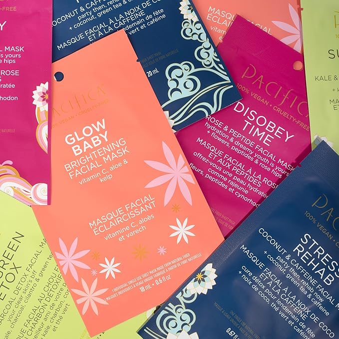 Pacifica 3-Pack Face Sheet Mask Variety Set – Brightening Vitamin C, Green Detox & Stress Rehab Hydrating Masks for Glowing Skin, Holiday Beauty Gift for Women Teens Girls, Vegan Clean Skincare