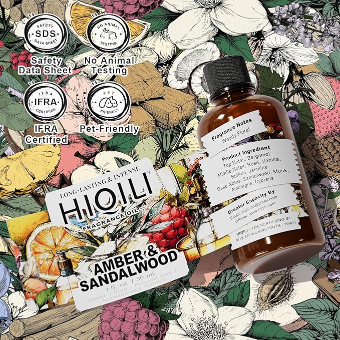 HIQILI Amber & Sandalwood Fragrance Oil for Diffuser, DIY Candle & Soap Making, Add to Body Lotion, Long-Lasting Scents - 1 Fl Oz