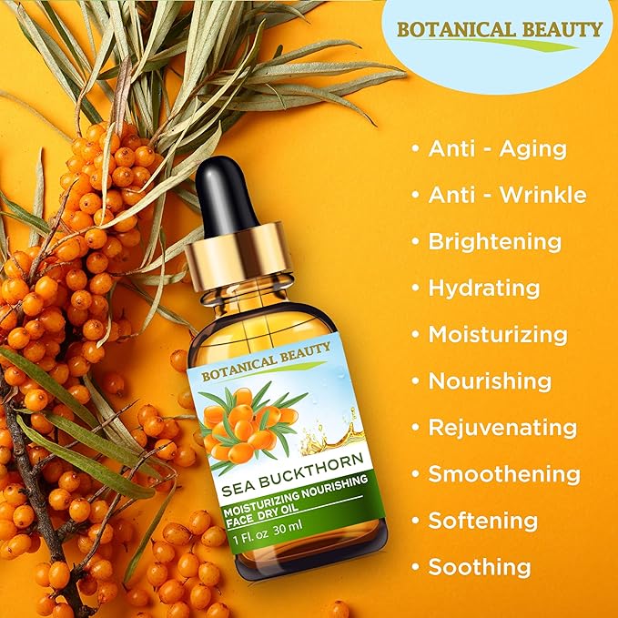 Botanical Beauty SEA BUCKTHORN MOISTURIZING NOURISHING FACE DRY OIL 100% Natural. 1 Fl oz 30 ml Rice Bran, Rosehip, Organic Argan, Sea Buckthorn Fruit Oil, Face Moisturizer, Rejuvenate, Anti-aging
