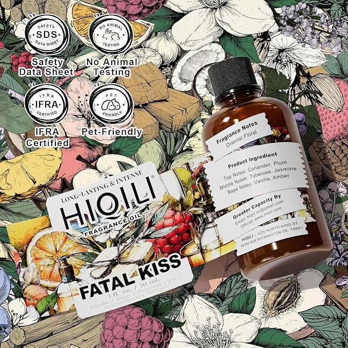 HIQILI Fatal Kiss Fragrance Oil, Tuberose & Plum Scents, for DIY Soap, Candle & Scented Sachets Making, Add to Shampoo & Laundry Detergent - 1Fl Oz