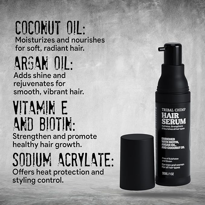 Tribal Chimp 1oz Hair Serum for Day and Night Hair Care - Argan Oil, Coconut Oil, and Biotin for Dry, Frizzy, and Damaged Hairs - Hydrating, Nourishing and Strengthening Serum