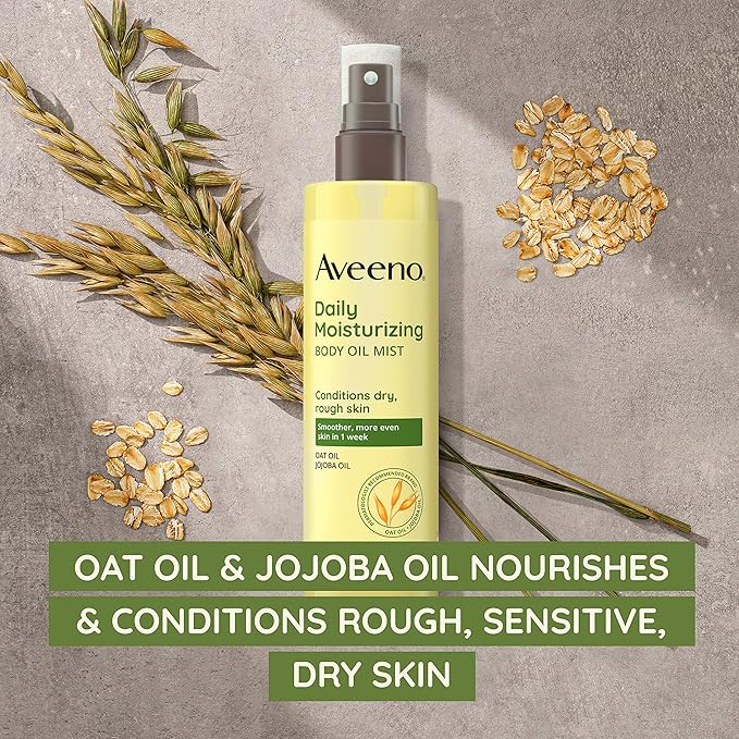 Aveeno Daily Moisturizing Dry Body Oil Mist with Oat & Jojoba Oil for Dry, Rough, Sensitive Skin, Lightweight, Non-Greasy, Body Spray, Paraben, Silicone & Phthalate-Free, 6.7 fl oz