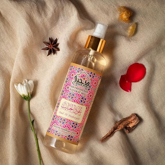 Oud al Habayeb Arabic Room Spray by Dukhni | 250ml Oud fragrance Air Freshener, Attar al Faraash for home & prayer mats | Bed linen, Sofa Mist, natural home scent, curtain spray, odour eliminator