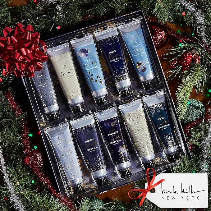 Nicole Miller New York 10-Piece Festive Fragrance Hand Cream Collection - 30ml Each Bottle, Ultra Hydrating Luxury for Your Hands, Navy Floral
