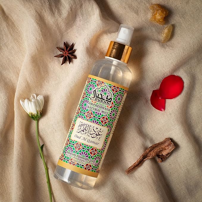 Oud al Qamar Arabic Room Spray by Dukhni | 250ml Oud fragrance Air Freshener, Attar al Faraash for home & prayer mats | Bed linen, Sofa Mist, natural home scent, curtain spray, odour eliminator