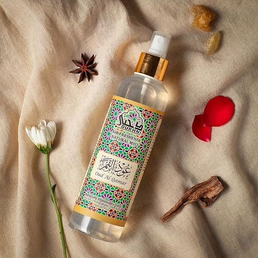 Oud al Qamar Arabic Room Spray by Dukhni | 250ml Oud fragrance Air Freshener, Attar al Faraash for home & prayer mats | Bed linen, Sofa Mist, natural home scent, curtain spray, odour eliminator