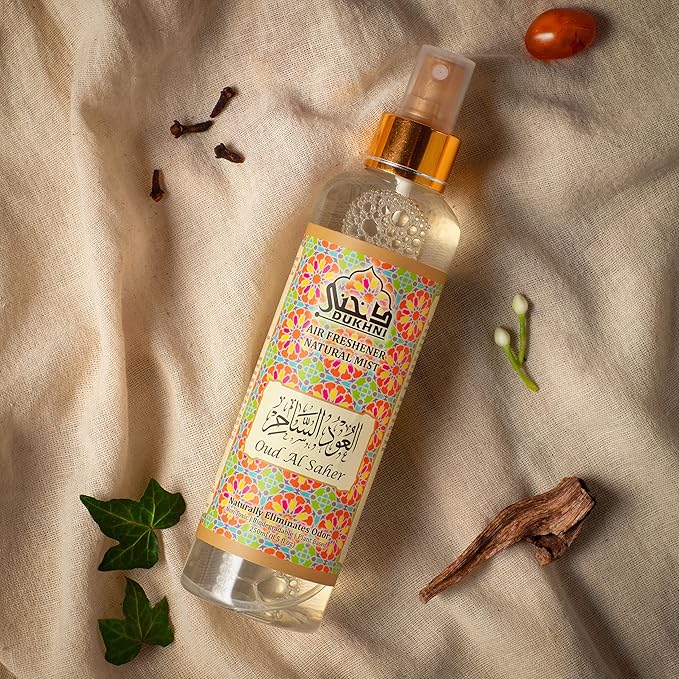 Oud al Saher Arabic Room Spray by Dukhni | 250ml Oud fragrance Air Freshener, Attar al Faraash for home & prayer mats | Bed linen, Sofa Mist, natural home scent, curtain spray, odour eliminator