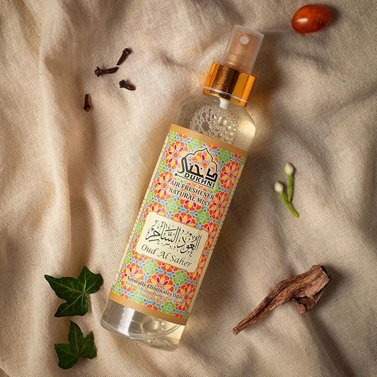 Oud al Saher Arabic Room Spray by Dukhni | 250ml Oud fragrance Air Freshener, Attar al Faraash for home & prayer mats | Bed linen, Sofa Mist, natural home scent, curtain spray, odour eliminator