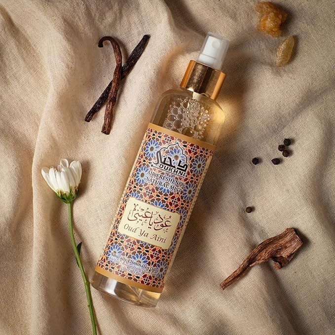 Oud ya Aini Arabic Room Spray by Dukhni | 250ml Oud fragrance Air Freshener, Attar al Faraash for home & prayer mats | Bed linen, Sofa Mist, natural home scent, curtain spray, odour eliminator