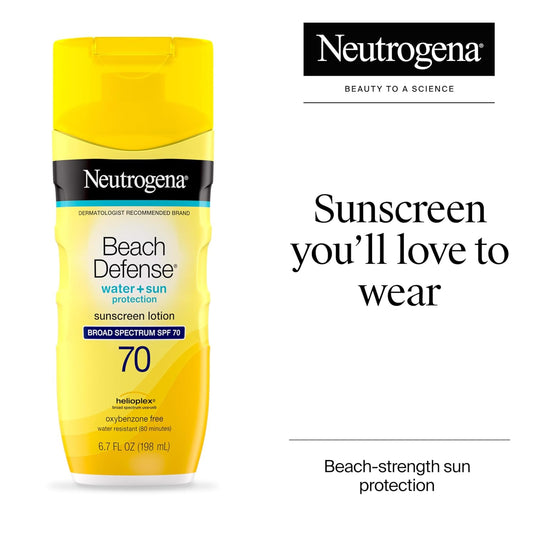 Sunscreen Lotion Beach Defense SPF 70, 6.7 Fl Oz, Face and Body Sunscreen, Oil Free, Fast Absorbing, Oxybenzone Free Sun Care