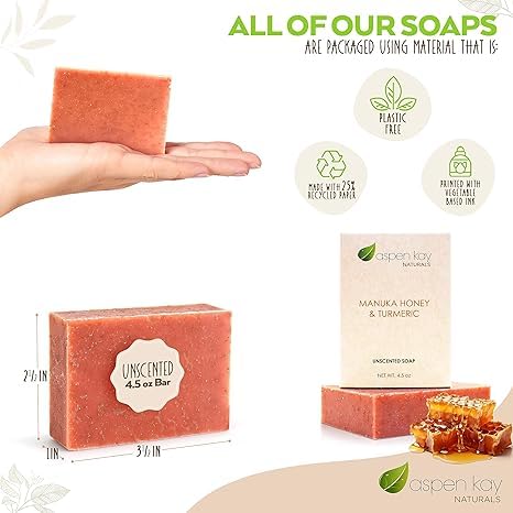 Turmeric and Manuka Honey Soap Bar for Body & Face, Natural Turmeric Soap with Organic Aloe Vera, Shea Butter & Calendula - Gentle For All Skin Types, Unscented (2 pack)