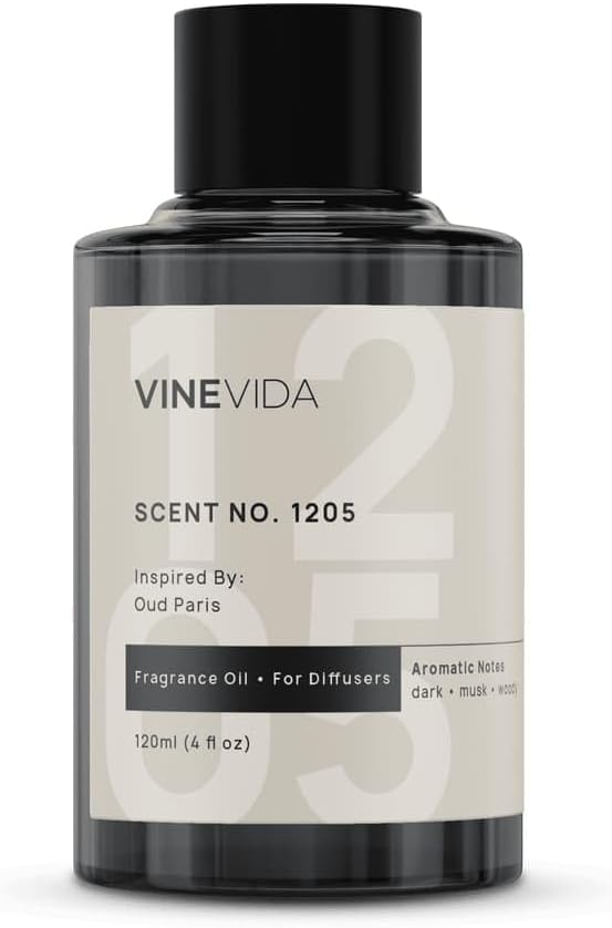 VINEVIDA [4 Fl Oz] Scent NO. 1205 Fragrance Oil for Cold Air Diffusers, Aromatic Notes of Dark Musk Oud Wood, Essential Oils for Diffuser Oil Refill & Air Freshener Room Spray