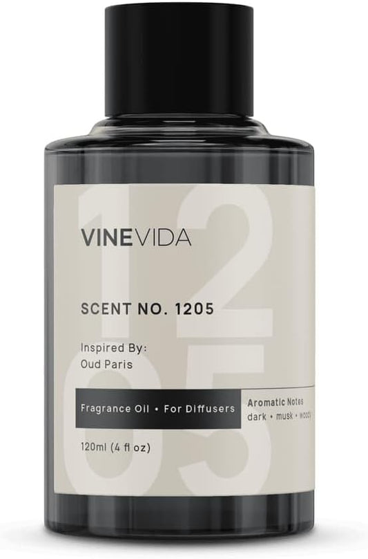 VINEVIDA [4 Fl Oz] Scent NO. 1205 Fragrance Oil for Cold Air Diffusers, Aromatic Notes of Dark Musk Oud Wood, Essential Oils for Diffuser Oil Refill & Air Freshener Room Spray