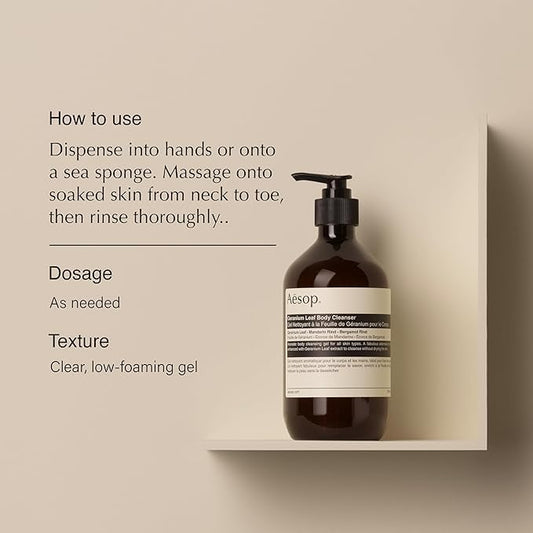 Aesop Geranium Leaf Duet | Gel Body Cleanser + Body Balm | Aromatic Pairing For Cleansed and Supple Skin |16.9 oz + 16.5 oz + Eleos Nourishing Body Cleanser Sample
