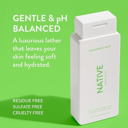 Native Body Wash Contains Naturally Derived Ingredients | For Women & Men, Sulfate, Paraben, & Dye Free Leaving Skin Soft and Hydrated | Cucumber & Mint 18 oz - 2 Pk