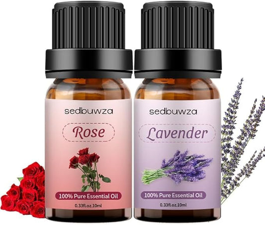 Sedbuwza Rose Lavender Essential Oil Set, Rose Fragrance Oil Lavender Scent Oil Set for Diffuser, Aromatherapy, Massage, Soap, Candle Making 2 x 10 ml